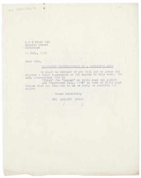 Image of typescript letter from Leonard Woolf to R. & R. Clark (19/07/1926) page 1 of 1