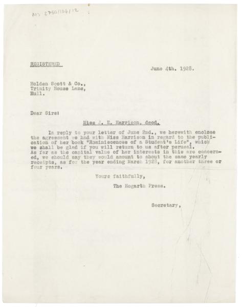 Image of typescript letter from The Hogarth Press to Holden Scott & Co (04/06/1928) page 1 of 1