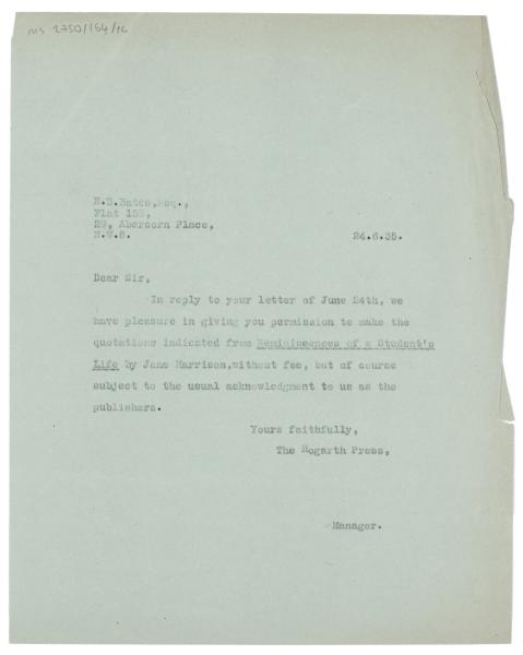 Image of typescript letter from The Hogarth Press to E. S. Bates (24/06/1935) page 1 of 1 