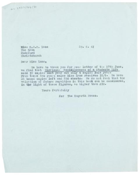 Image of typescript letter from The Hogarth Press to Hilde Margaret Meredith Lane (20/06/1941) page 1 of 1