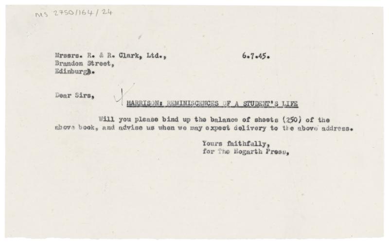 Image of typescript letter from The Hogarth Press to R. & R. Clark (06/07/1945) page 1 of 1