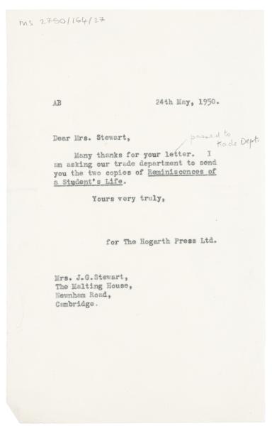 Image of typescript letter from Aline Burch to Jessie Stewart (24/05/1950) page 1 of 1