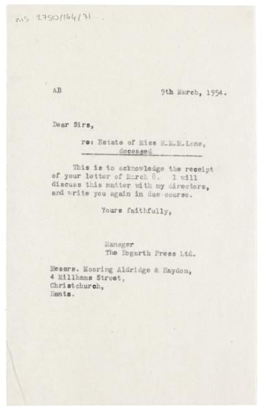 Image of typescript letter from The Hogarth Press to Mooring, Aldridge & Haydon (09/03/1954) page 1 of 1