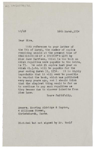 Image of typescript letter from The Hogarth Press to Mooring, Aldridge & Haydon (16/03/1954) page 1 of 1
