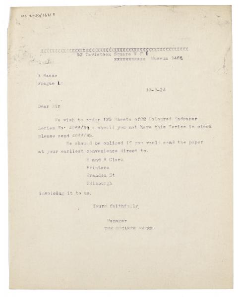 image of typescript letter from The Hogarth Press to A. Haase (30/03/1924) page 1 of 1