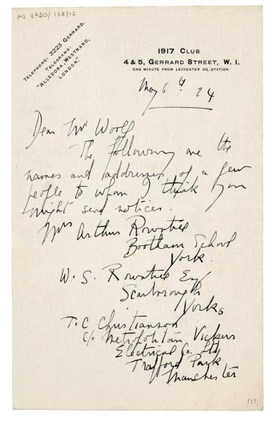 Image of handwritten letter from Coralie Hobson to Leonard Woolf (06/05/1924) page 1 of 2