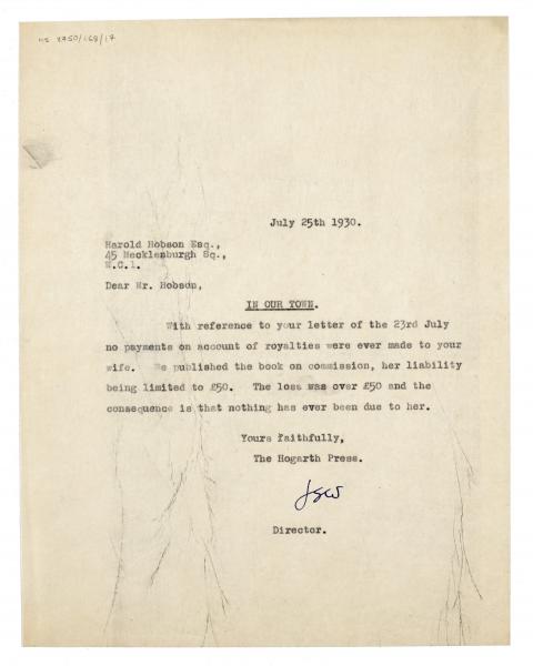 Image of typescript letter from Leonard Woolf to Harold Hobson (25/07/1930) page 1 of 1