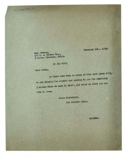 Image of typescript letter from The Hogarth Press to Coralie Hobson (26/02/1936) page 1 of 1