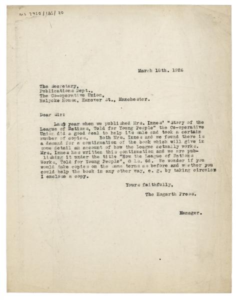 Image of typescript letter from The Hogarth Press to the Co-Operative Union (18/03/1926) page 1 of 1