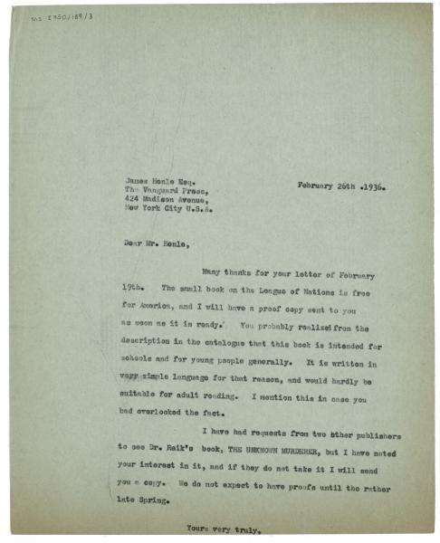 Image of typescript letter from the Hogarth Press to The Vanguard Press (26/02/1936) page 1 of 1
