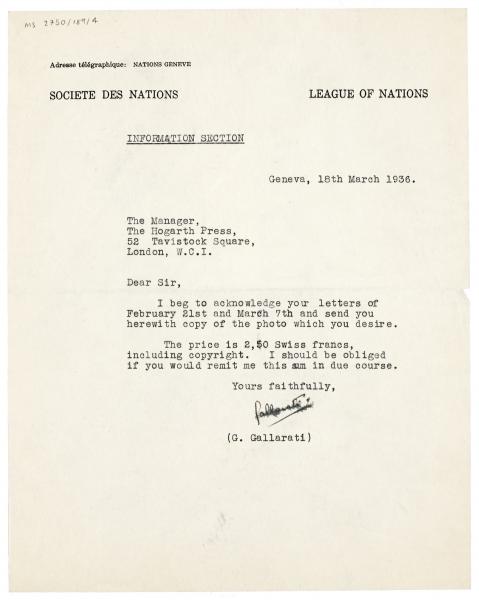 image of typescript letter from League of Nations to The Hogarth Press (18/03/1936) page 1 of 1 