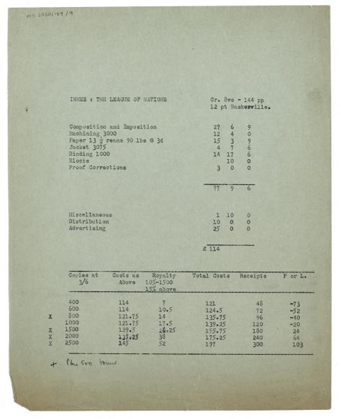 Image of typescript printing, binding , distribution and miscellaneous costs relating to The League of Nations: the Complete Story Told for Young People page 1 of 1