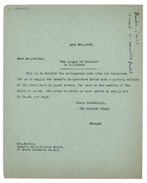 Image of typescript letter from The Hogarth Press to the Women's Co-operative Guild (12/05/1936) page 1 of 1