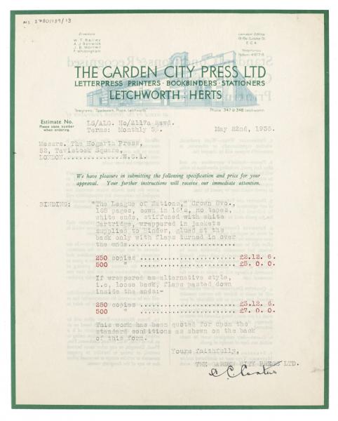 image of typescript letter from The Garden City Press to The Hogarth Press (22/05/1936) page 1 of 2
