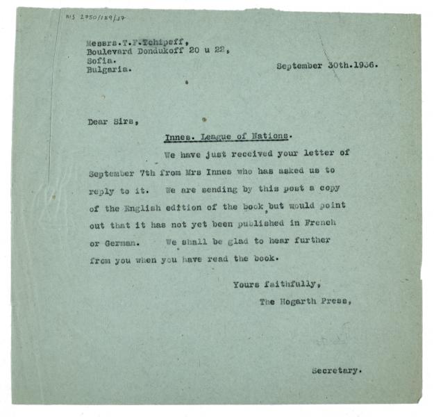 Image of typescript letter from The Hogarth Press to T. F. Tcshipeff (30/09/1936) page 1 of 1