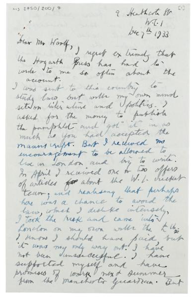 Image of handwritten letter from C. L. R. James to Leonard Woolf (07/12/1933) page 1 of 2