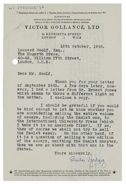 Image of typescript letter from Victor Gollancz Ltd to Leonard Woolf (12/10/1948) page 1 of 1