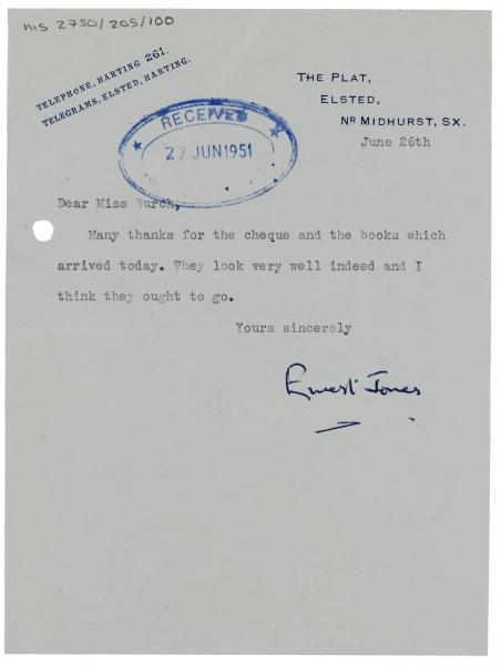 Image of typescript letter from Ernest Jones to Aline Burch (26/06/1951) page 1 of 1