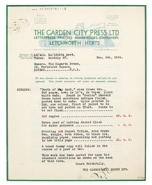 Image of typescript letter from The Garden City Press to The Hogarth Press (06/12/1934) page 1 of 2