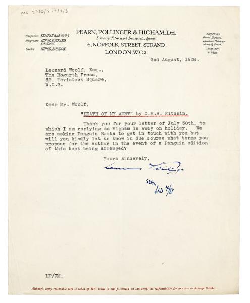 Image of a letter from Pearn Pollinger & Higham Ltd to Leonard Woolf (02/08/1938)