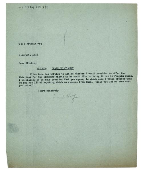 Image of typescript letter from Leonard Woolf to C. H. B. Kitchin (06/08/1938) page 1 of 1