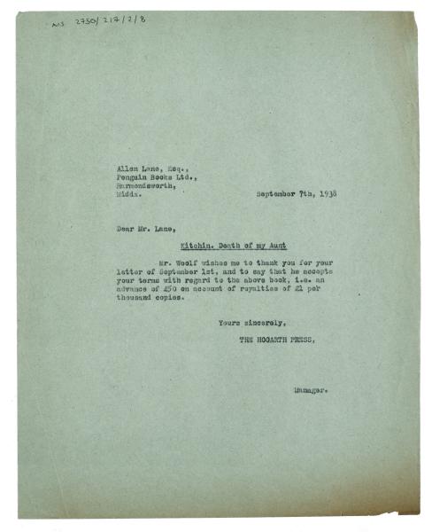 Image of typescript letter from The Hogarth Press to Allen Lane (07/09/1938) page 1 of 1