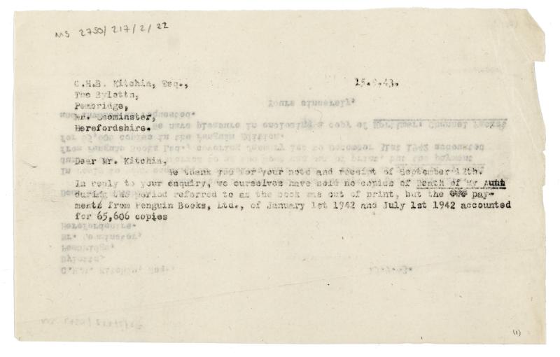 Image of typescript letter from The Hogarth Press to C. H. B. Kitchin (15/09/1943) page 2 of 2