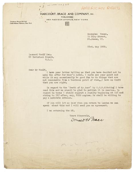 Image of typescript letter from Donald C. Brace to Leonard Woolf (23/05/1929) page 1 of 1
