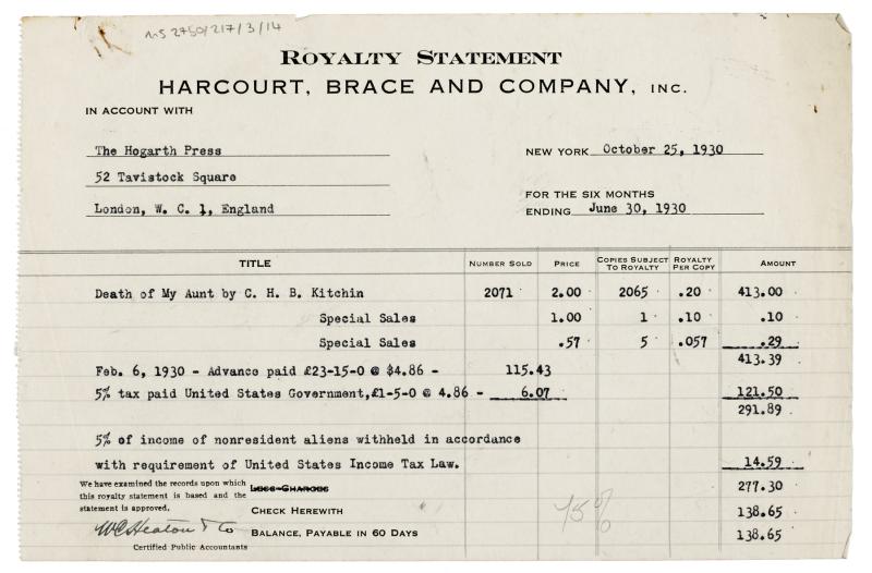 Image of typescript royalty statement from Harcourt, Brace and Co. to The Hogarth Press (25/10/1930) page 1 of 1