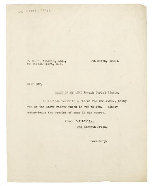 Image of typescript letter from The Hogarth Press to C. H. B. Kitchin (09/03/1932) page 1 of 1