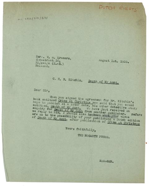 Image of typescript letter from The Hogarth Press to V. A. Kramers (01/08/1935) page 1 of 1