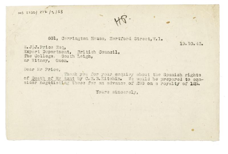 Image of typescript letter from The Hogarth Press to the British Council (19/10/1943) page 1 of 1