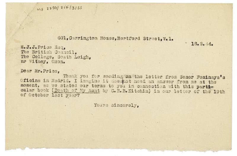 Image of typescript letter from John F. Lehmann to the British Council (18/02/1944) page 1 of 1