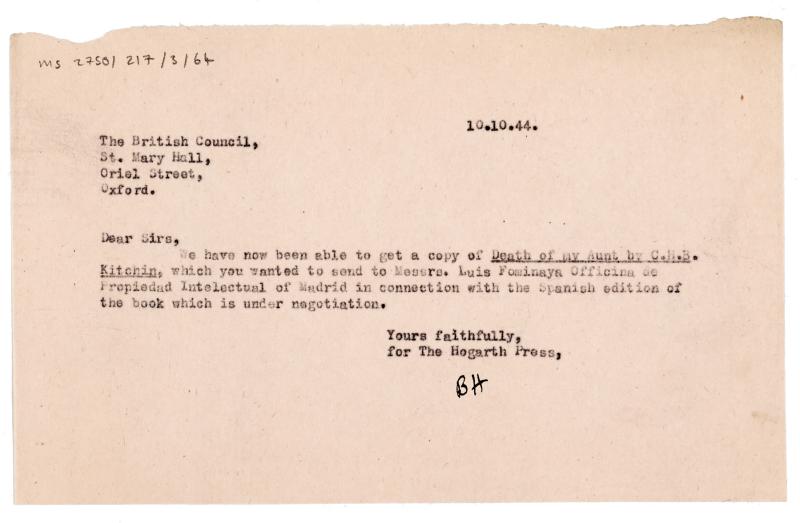 Image of typescript letter from Barbara Hepworth to The British Council (10/10/1944) page 1 of 1