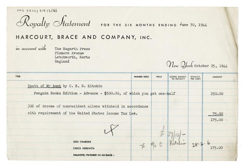 Image of typescript royalty statement from Harcourt, Brace and Co. to The Hogarth Press (30/10/1944) [
