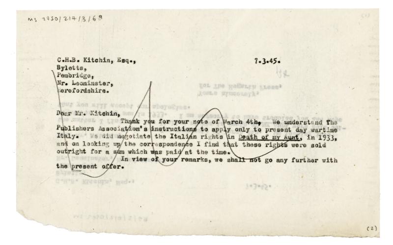 duplicate Image of crossed out typescript letter from Barbara Hepworth to C. H. B. Kitchin (07/03/1945) page 2