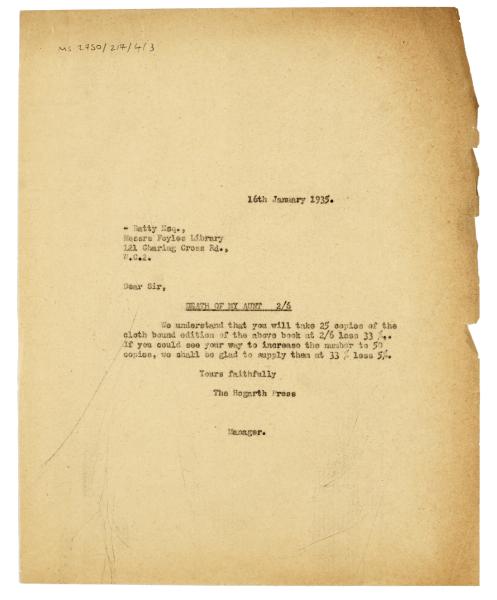 Image of typescript letter from The Hogarth Press to Foyles Library (16/01/1935) page 1 of 1