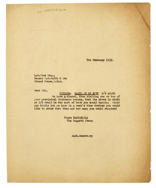 Image of typescript letter from The Hogarth Press to The Woolston Book Co (07/02/1935)