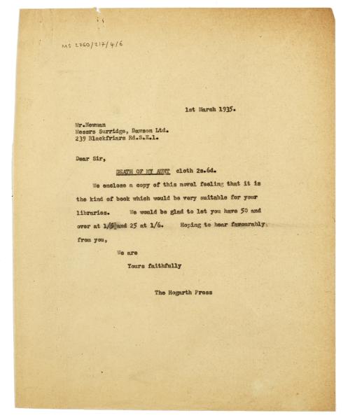 Image of typescript letter from The Hogarth Press to Surridge Dawson Ltd (01/03/1935) page 1 of 1
