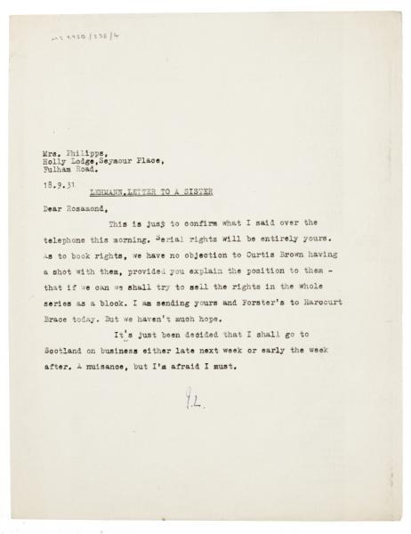 Image of typescript letter from John Lehmann to Rosamond Lehmann (18/09/1931) page 1 of 1