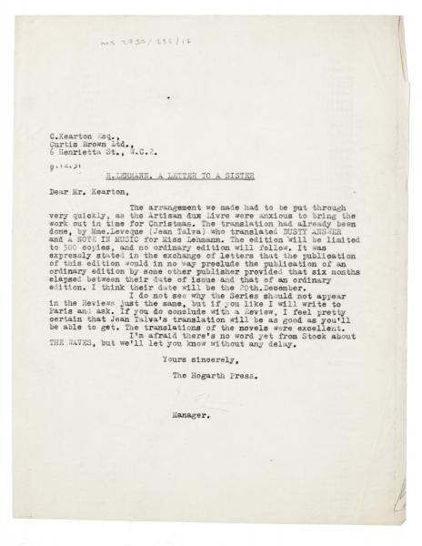 Image of typescript letter from John Lehmann to Curtis Brown Ltd (09/12/1931) page 1 of 1  