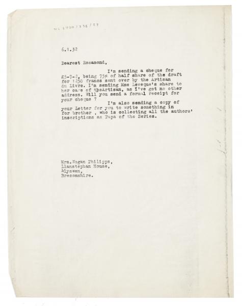Image of typescript letter from John Lehmann to Rosamond Lehmann (06/01/1932) page 1 of 1