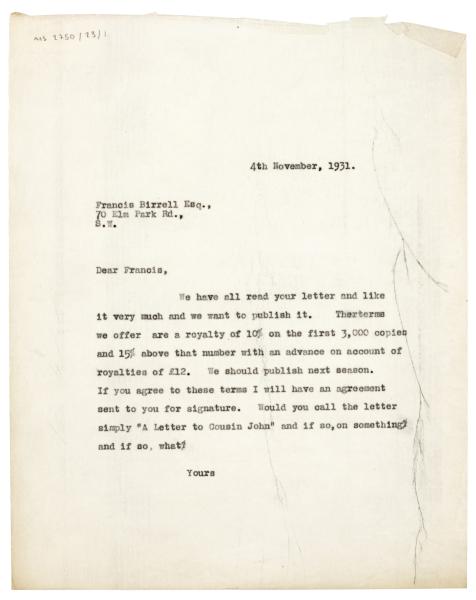 Image of typescript letter from Leonard Woolf to Francis Birrell (04/11/1931) page 1 of 1