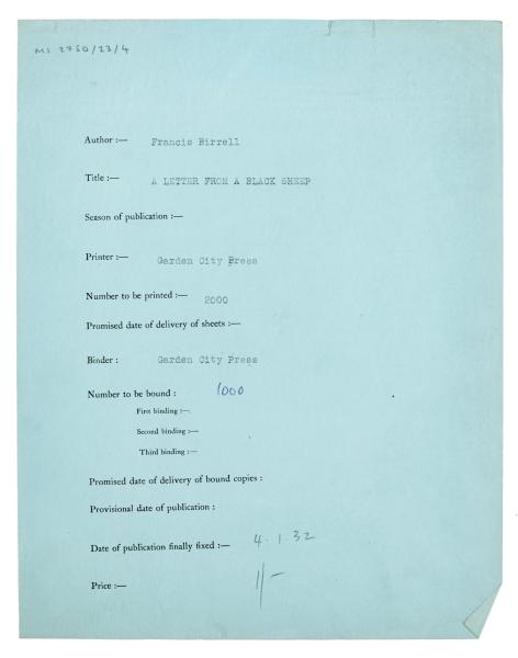Image of typescript printing and Binding order information 'Letter from a Black Sheep' (c 1931) page 1 of 1