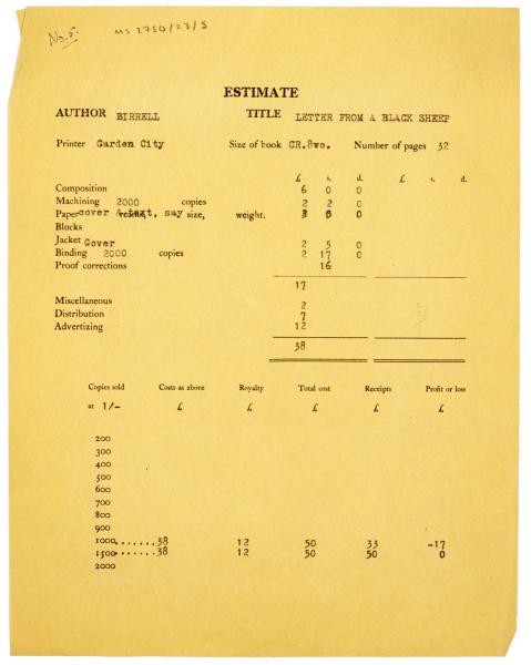 Image of typescript printing, binding and royalty estimate for 'Letter from a Black Sheep (c 1931) page 1 of 1