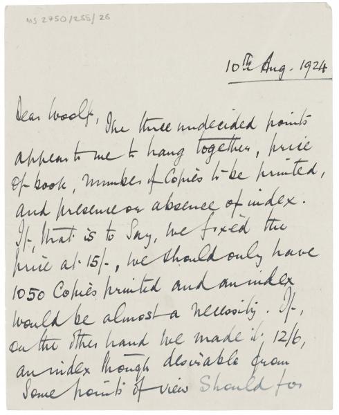 Handwritten letter from Norman Leys to Leonard Woolf (10/08/1924) page 1 of 8