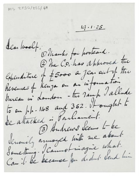 handwritten image of letter from Norman Leys to Leonard Woolf (19/01/1925) page 1 of 2