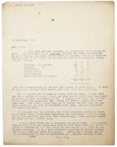 image of typescript letter from  Leonard Woolf to Norman Leys (14/02/1925) 