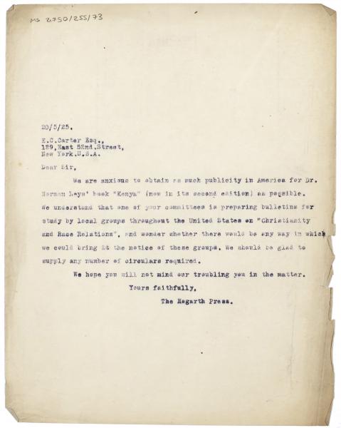 Image of typescript letter from the Hogarth Press to E. C. Carter (20/05/1925) page 1 of 1