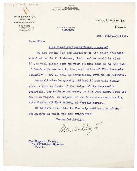 image of typescript letter from Meade King & Co to the Hogarth Press (10/02/1932) page 1 of 1